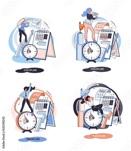 Discipline concept icon. Time management. Working day idea metaphor. Daily affairs of person, indicators of time for work, hobby, study, rest. Fulfillment of planned plans according to regulations