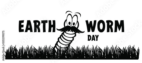 World earthworm day. Cartoon happy worm with moustache or beard in grass. crawling worm. Vector crawl or creep earth worms. Insect with face and eyes, Creeping insects. Fich or bird food.