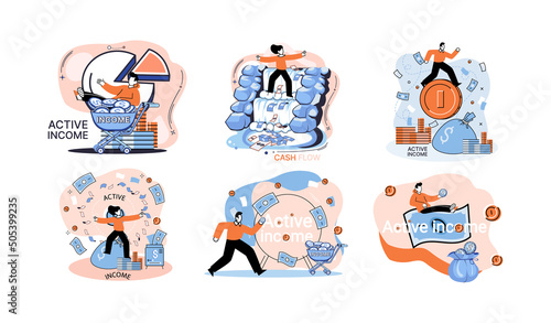 Active income and cash flow concept. Idea of financial growth and development with investments, interest on deposits, dividends. Set of illustrations about earnings, profit and money, fixed salary