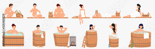 People and wellness spa procedures in wooden water barrel, home sauna concept with man and girl in bath tube with hot water. Set of cartoon characters sitting in cloud of steam and having rest
