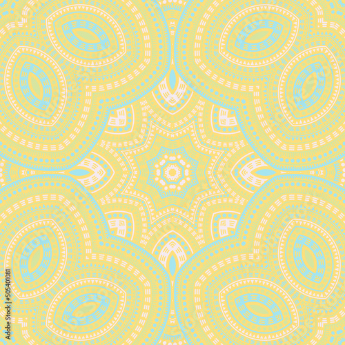 Persian traditional floral vector seamless pattern. Batik patchwork design. Retro tunisian ornament. Pottery decor design. Circles and lines composition.