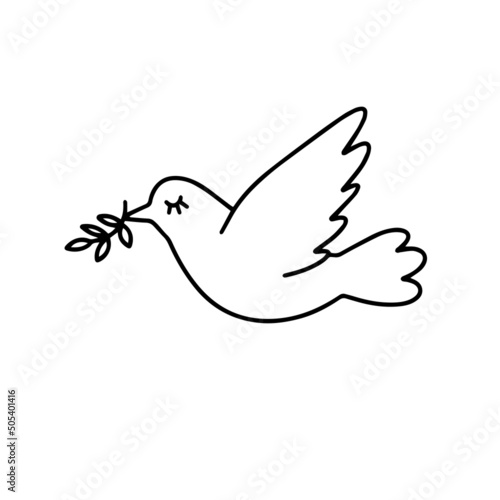 A pigeon dove flying leaf in its beak. Outline doodle hand drawing icon line sketch
