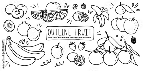 Variable fresh food fruit. Outline doodle hand drawing icon line sketch