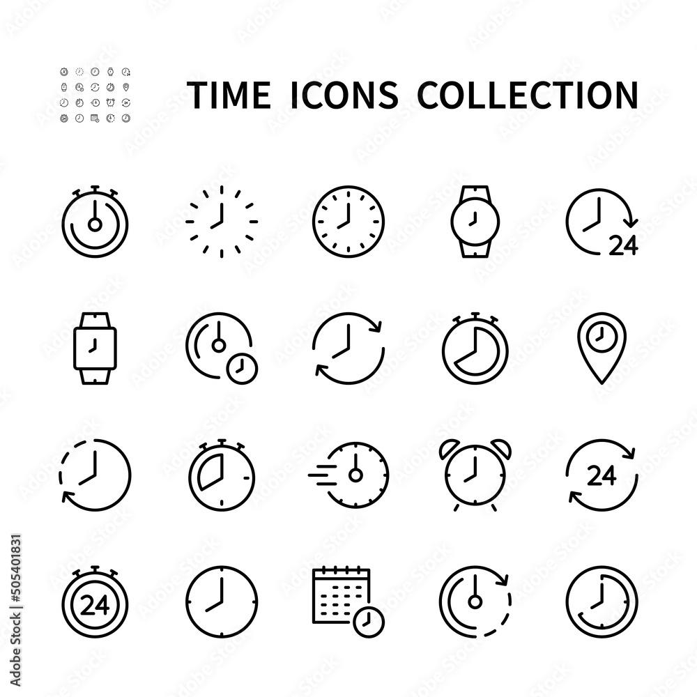 Time and clock vector linear icons. Timepiece icon collection on white background. Time and clock vector symbol set.