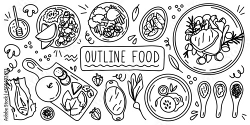 Food. Vector dishes. Outline doodle hand drawing icon, line , sketch