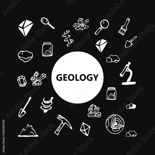 Geology. Hand drawn geology vector doodle set on black background black and white