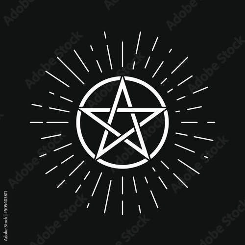 Pentagonal star graphic pentagram. Five pointed star sign isolated on black background. Tattoo or print template. Vector illustration