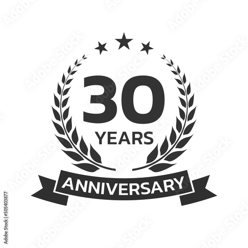 30 years anniversary laurel wreath logo or icon. Jubilee, birthday badge, label or emblem. 30th celebration design element. Vector illustration.