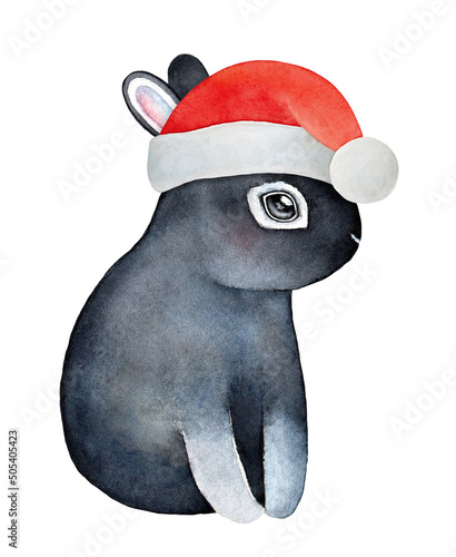 Cute little black bunny dressed in red Santa's hat. Symbol of peace, good luck, intelligence, purity, new life, gentleness. Hand drawn watercolor illustration, isolated clipart element for design. photo