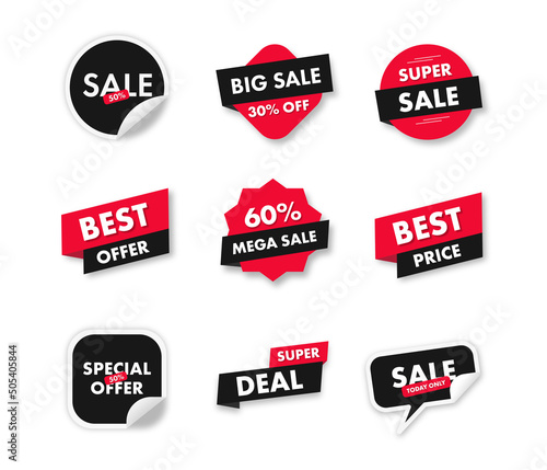 Sale tags set. Sale, discounts, special offer, mega sale, best price. Collection of banners. Sticker, coupon, icon, online store. Vector illustration.