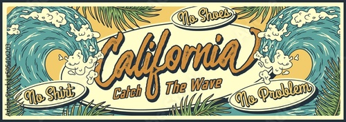 Surf time summer poster. Surfing chill bar. California in a tropical state of mind