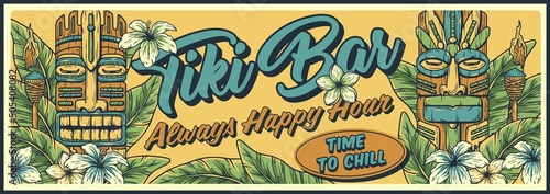 Tiki mask surfing summer bar poster. Tropical leaves, hawaiian vibes