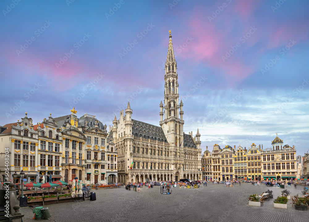 Brussels, Belgium. Panoramic view of Grand Place (Grote Markt) square with gothic City Hall