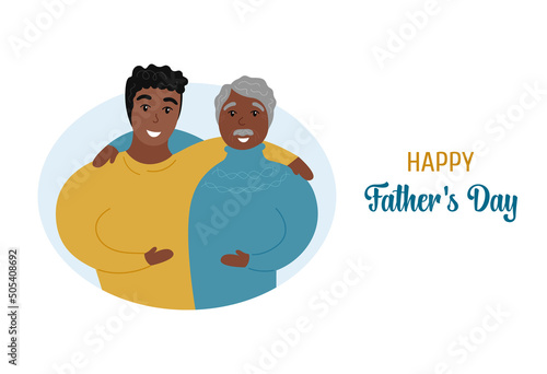 Fathers Day card. Elderly father and adult son embrace. Happy african american man hugs his senior dad. Two men together. Flat vector celebration illustration