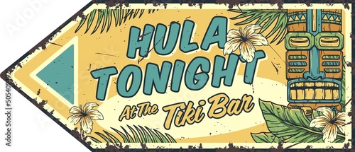 Summer vibes. Surfer sunny poster. Tiki mask on surf board on waves