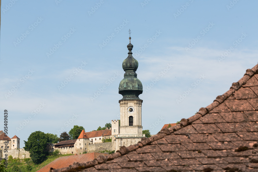 View on the steeple of church St. Jakob (Burghausen).