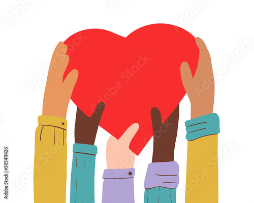 Hands with different skin colors holding a red heart. Friendship and love of nationalities, the concept of international community. flat vector