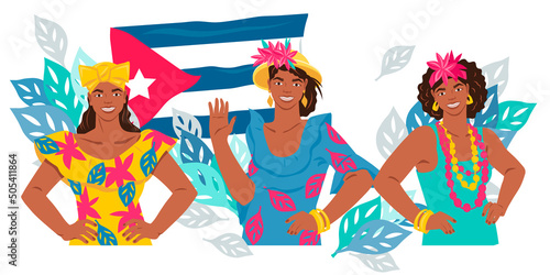 Cuban women at backdrop of the national flag of Cuba, flat vector illustration isolated on a white background. Travel poster or banner template. Welcome to Cuba.