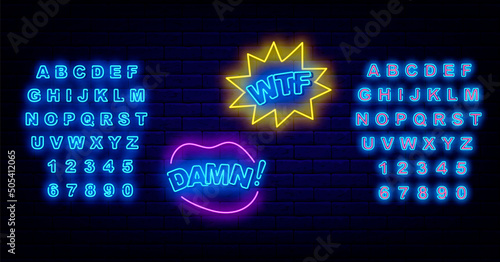 Damn and wtf neon signs. Comic speech bubbles set. Bright pink and blue alphabet. Pop art design. Vector illustration