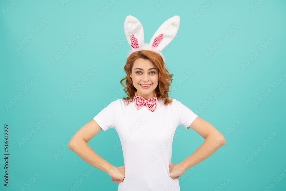 happy easter woman with rabbit ears on blue background happy easter woman with rabbit ears on blue background