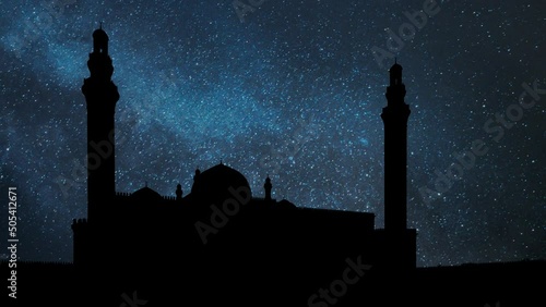 Dzhuma or Juma Mosque in Shamakhi, Time Lapse by Night with Stars and Milky Way in Background, Azerbaijan photo