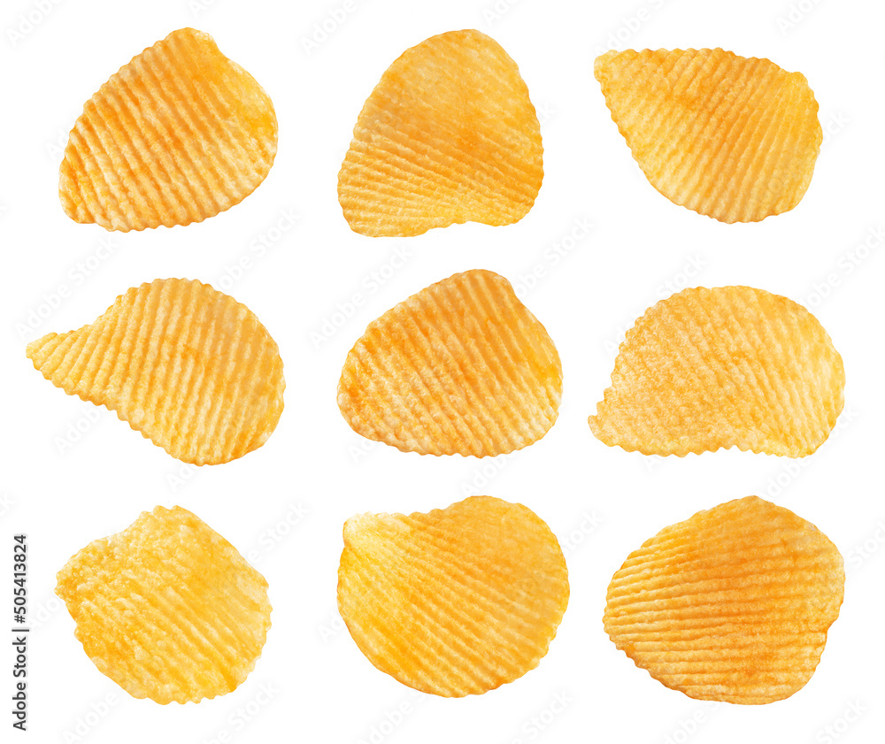 Φωτογραφία set of corrugated potato chips isolated on white