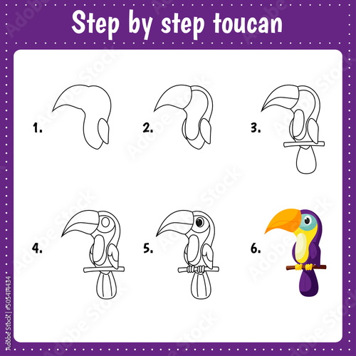 Educational worksheet for kids. Step by step drawing illustration. Toucan.