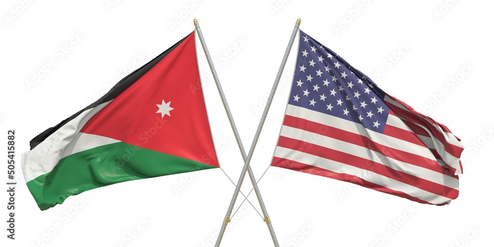 Obraz premium Flags of the USA and Jordan on light background. 3D rendering