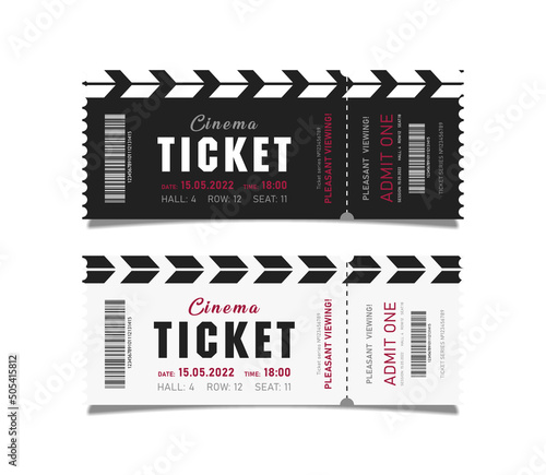 Photo Cinema ticket coupon with dark and light clapperboard background