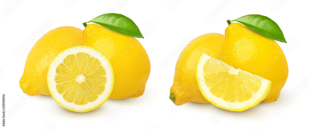 Ripe lemon fruit and sliced with leaves isolated on white background, Fresh and Juicy Lemon, Collection, Set