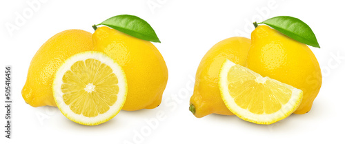 Ripe lemon fruit and sliced with leaves isolated on white background, Fresh and Juicy Lemon, Collection, Set