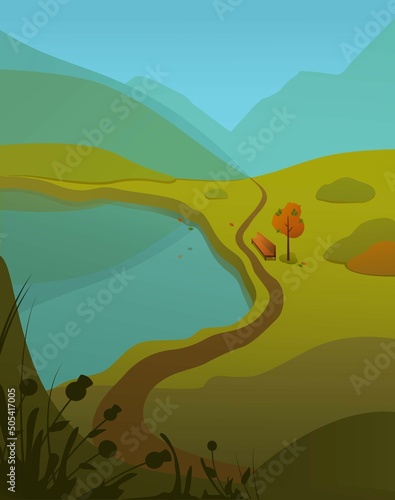 Landscape: lake, mountains, autumn tree, bench, leaves in the wind, trail