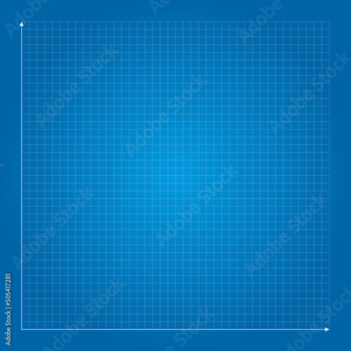 Vector illustration blue plotting graph paper grid isolated on blue background. Grid square graph line texture. Millimeter graph paper grid template. Cartesian coordinate system with blue x axis and y