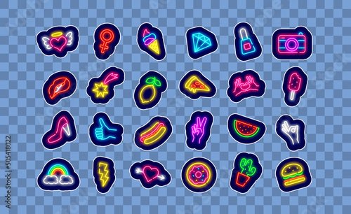 Pop art neon stickers clipart. Pizza, heart and hot dog. Watemelon and lemon. Vector stock illustration photo