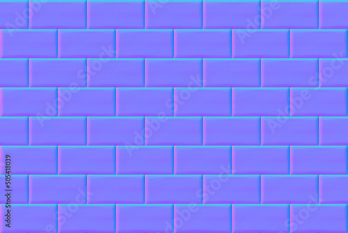 Normal map seamless texture of subway tile pattern. Bump mapping of metro floor or wall. Brick background. Interior glossy mosaic grid with rectangle elements for 3d shaders or architectural materials