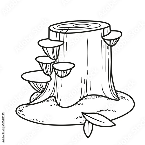 Big stump with parasitic overgrowth toadstools and moss linear drawing for coloring isolated on white background