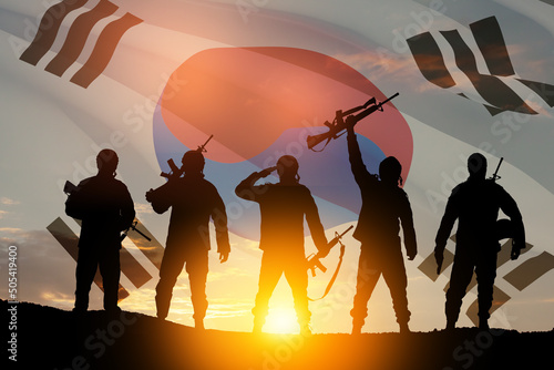 Silhouettes of soldiers saluting against the sunrise or sunset and South Korea flag. Concept - armed forces of Korea. Greeting card for Memorial Day, Liberation Day. Korean celebration. 3D-render. photo