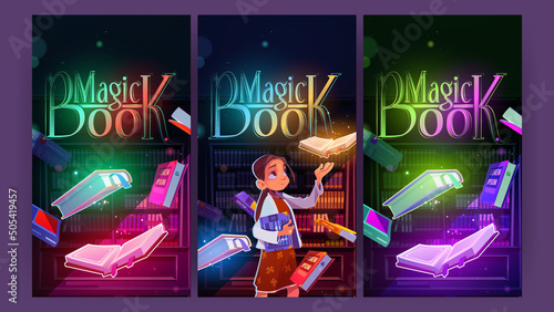 Magic book cartoon posters, young girl in night library or reader club with glowing volumes and sparkles flying around. Curious child reading in dark room with shelves or bookcases Vector illustration