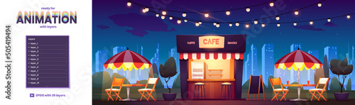 Street cafe at night cityscape background with layers for 2d game animation. Outdoor cafeteria stall with tables and chairs under umbrella and garlands at skyscrapers view, Cartoon vector illustration