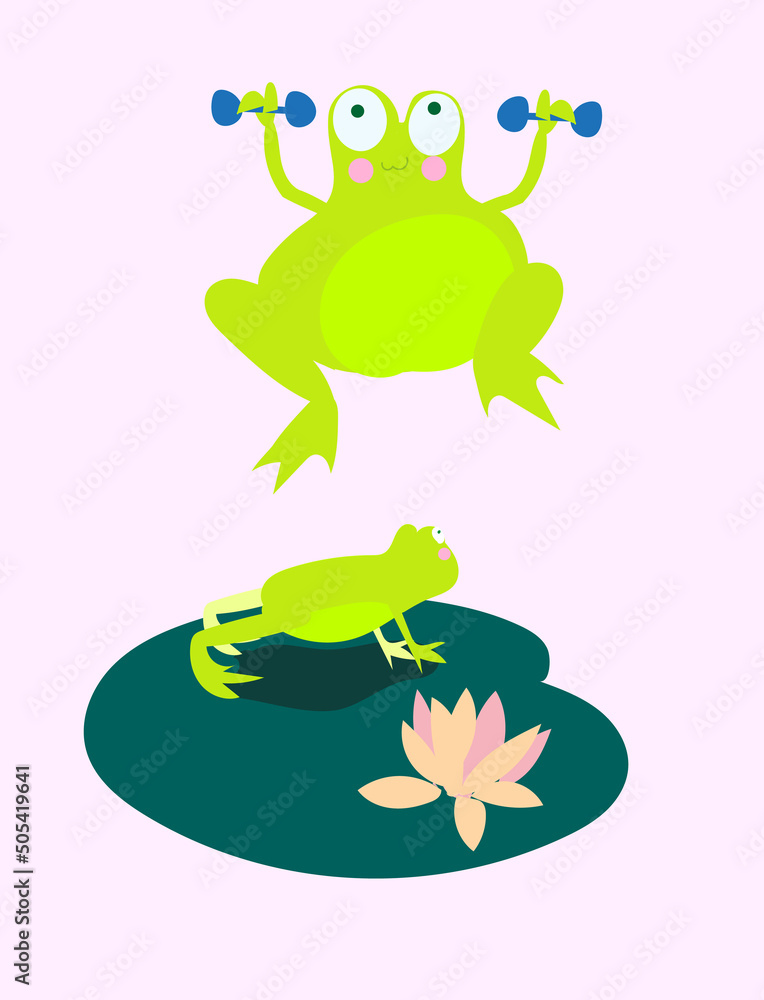 Cute frogs doing sports: plank, dumbbells