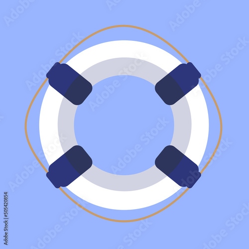 A blue and white life buoy with a rope around it in a flat style. Vector image.