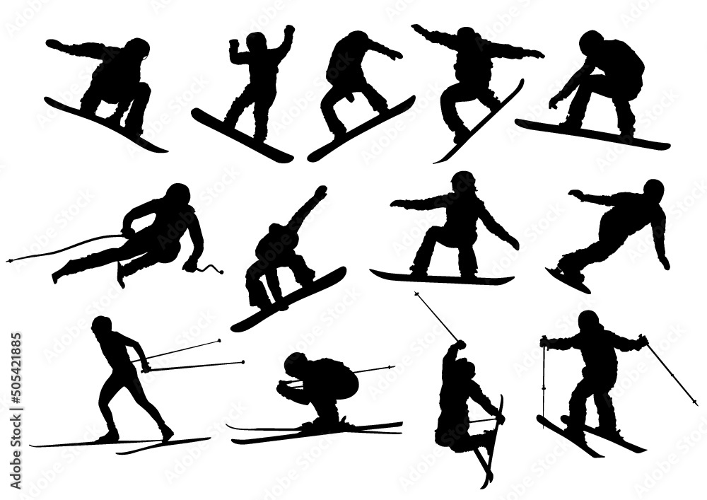 silhouettes of skiers