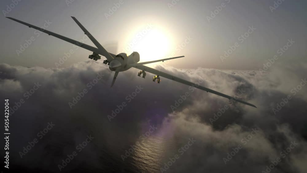 A military drone with full armament flies in the clouds. Sunrise, the beginning of a military mission. A military drone with full armament flies in the clouds. Sunrise, the beginning of a military mission.