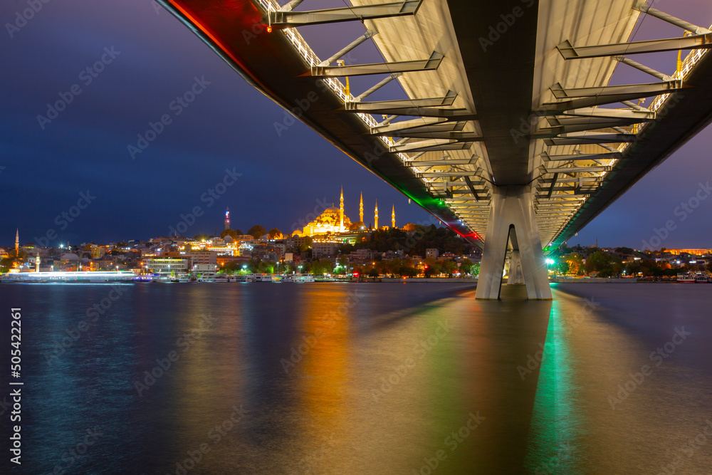 Halic Metro Bridge And Golden Horn At Night, Istanbul, Turkey Stock ...