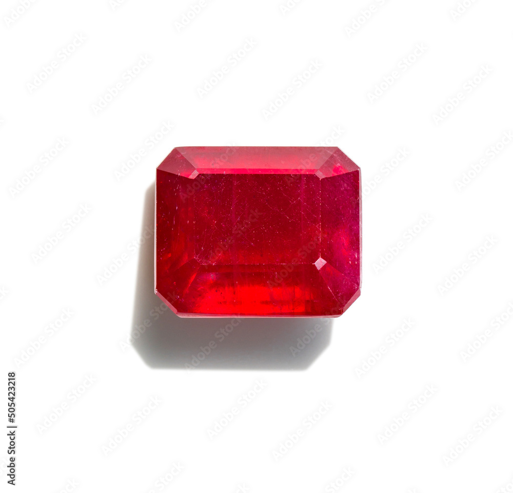 Close up square shape Ruby stone on white background. Close up square shape Ruby stone on white background.