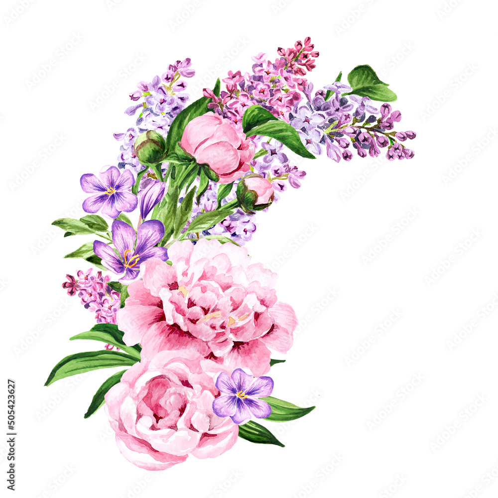 Fototapeta premium Decorative bouquet of flowers for a festive card, greeting card, invitation, leaflet. Hand drawn watercolor illustration isolated on white background