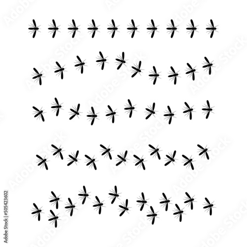 Mosquito malaria silhouette. Line of flying mosquitoes insects. Vector illustration isolated on white.