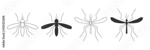 Mosquito malaria set. Line flying mosquitoes insects collection. Vector illustration isolated on white.