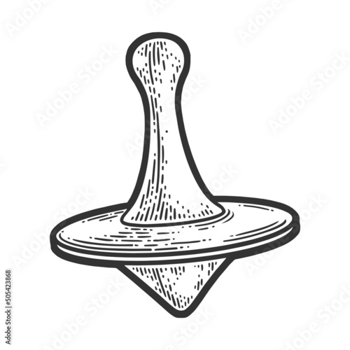 spinning top toy sketch engraving vector illustration. T-shirt apparel print design. Scratch board imitation. Black and white hand drawn image.