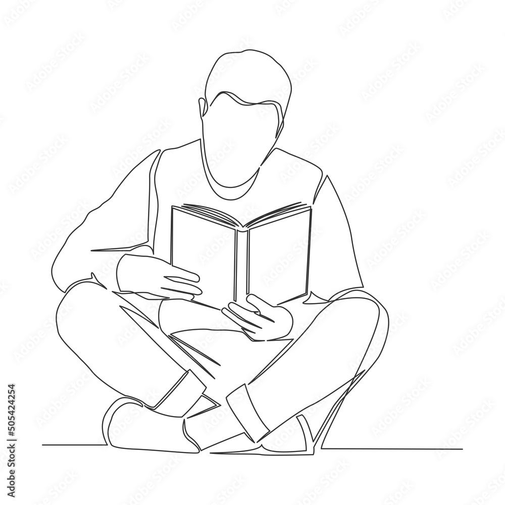 single line drawing of person reading book sitting cross-legged on ground, line art vector illustration